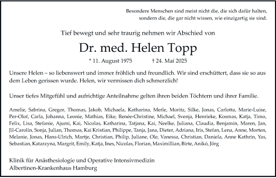 Traueranzeige von Helen Topp von Hamburger Abendblatt