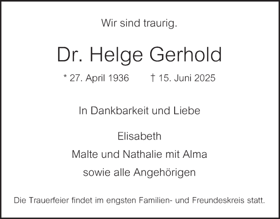 Traueranzeige von Helge Gerhold von Hamburger Abendblatt