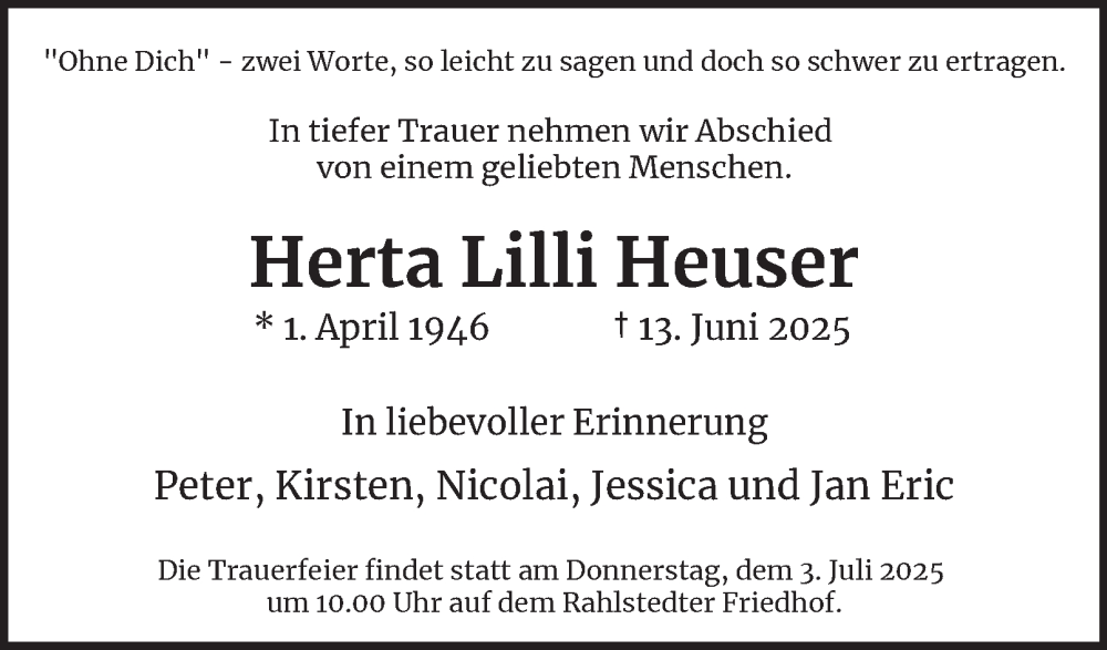  Traueranzeige für Herta Lilli Heuser vom 28.06.2025 aus Hamburger Abendblatt
