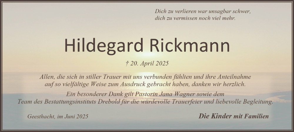  Traueranzeige für Hildegard Rickmann vom 07.06.2025 aus Bergedorfer Zeitung