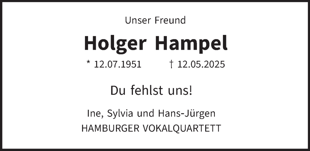  Traueranzeige für Holger Hampel vom 07.06.2025 aus Hamburger Abendblatt