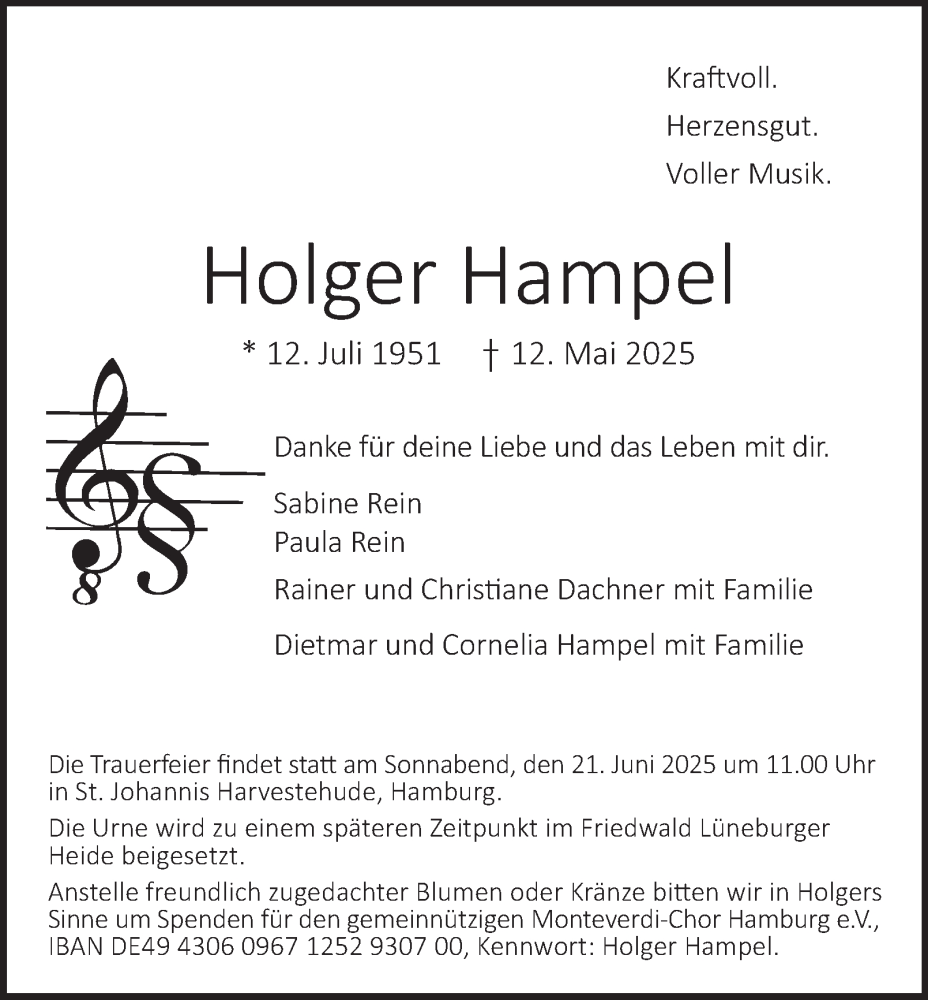  Traueranzeige für Holger Hampel vom 07.06.2025 aus Hamburger Abendblatt