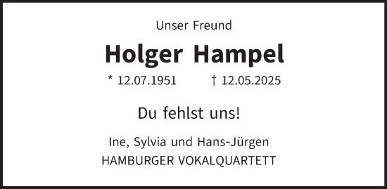 Traueranzeige von Holger Hampel von Hamburger Abendblatt