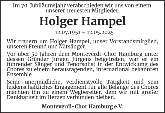 Traueranzeige von Holger Hampel von Hamburger Abendblatt