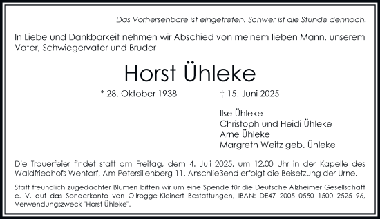 Traueranzeige von Horst Ühleke von Bergedorfer Zeitung