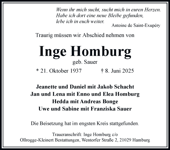 Traueranzeige von Inge Homburg von Bergedorfer Zeitung