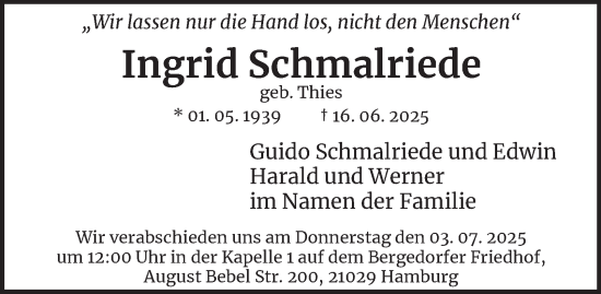 Traueranzeige von Ingrid Schmalriede von Hamburger Abendblatt