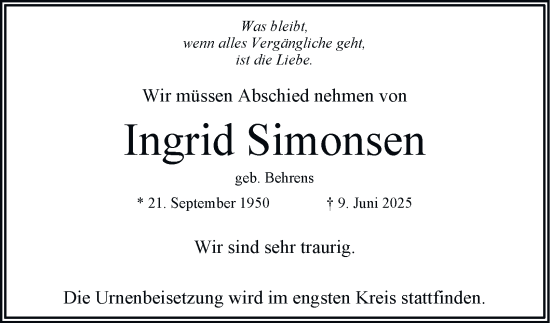 Traueranzeige von Ingrid Simonsen 