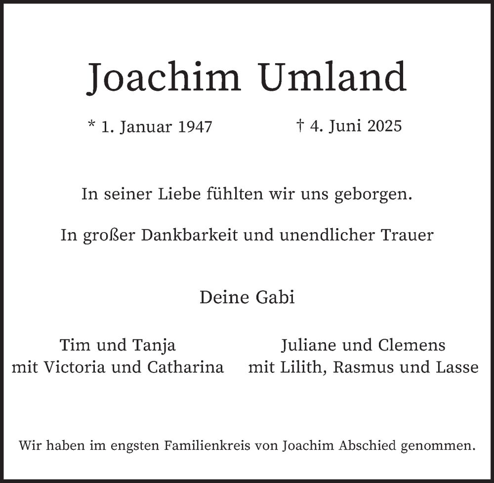  Traueranzeige für Joachim Umland vom 28.06.2025 aus Hamburger Abendblatt