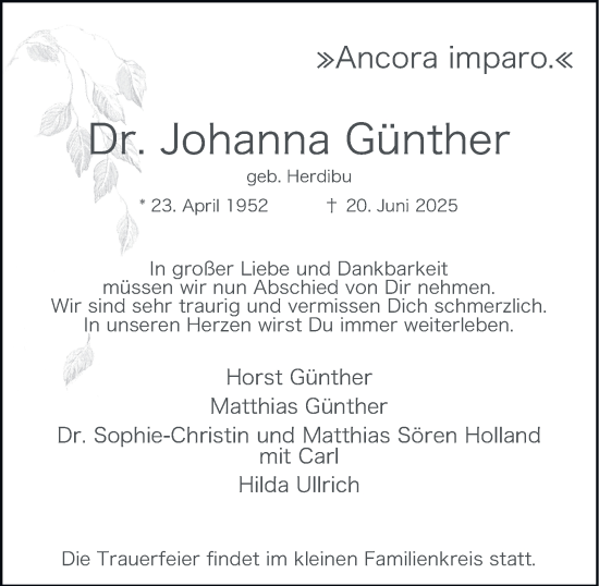 Traueranzeige von Johanna Günther von Hamburger Abendblatt