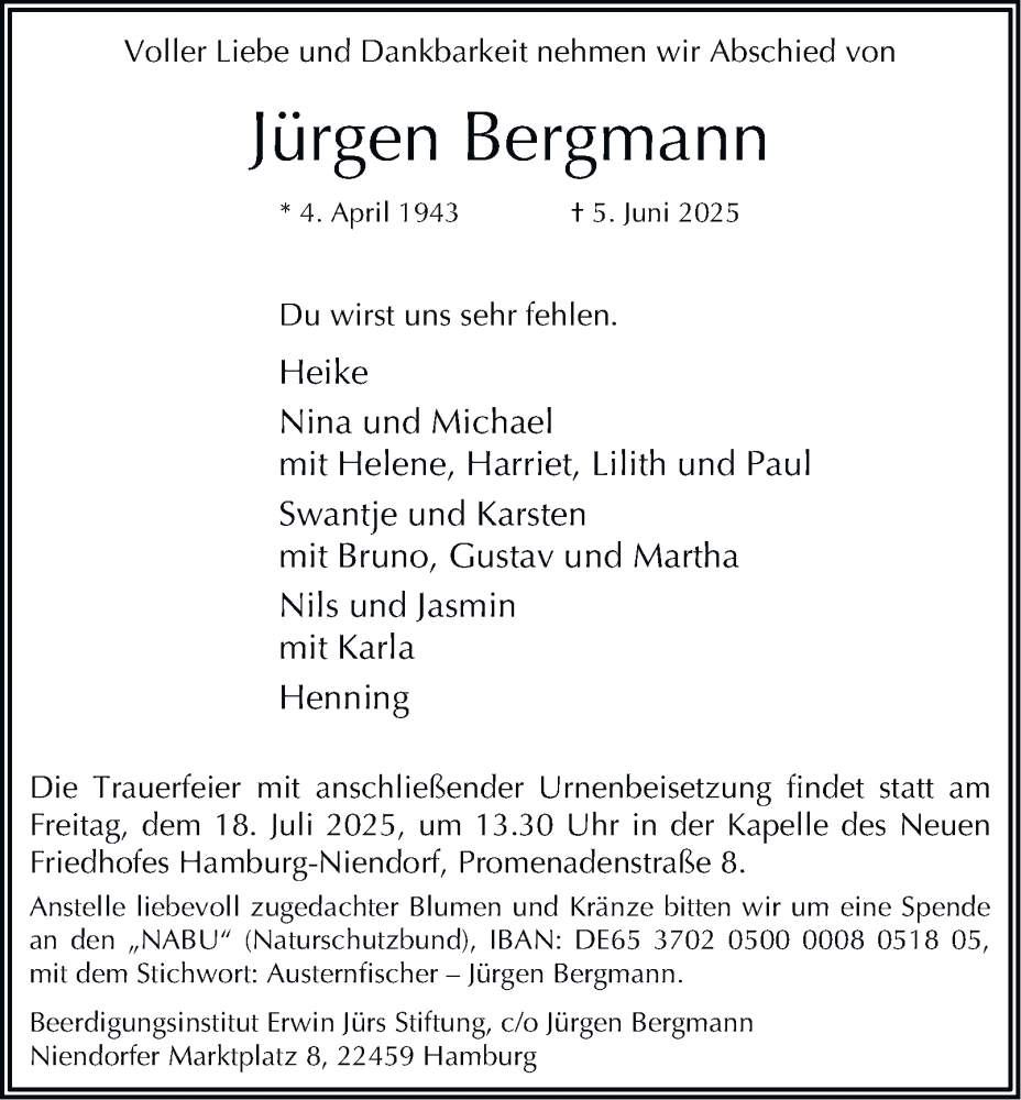  Traueranzeige für Jürgen Bergmann vom 28.06.2025 aus Hamburger Abendblatt