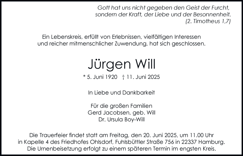  Traueranzeige für Jürgen Will vom 14.06.2025 aus Hamburger Abendblatt