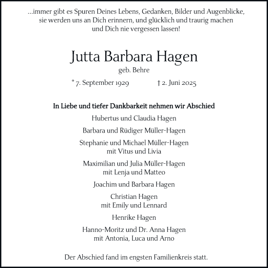 Traueranzeige von Jutta Barbara Hagen von Hamburger Abendblatt