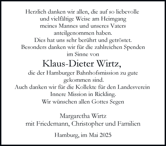 Traueranzeige von Klaus-Dieter Wirtz von Hamburger Abendblatt