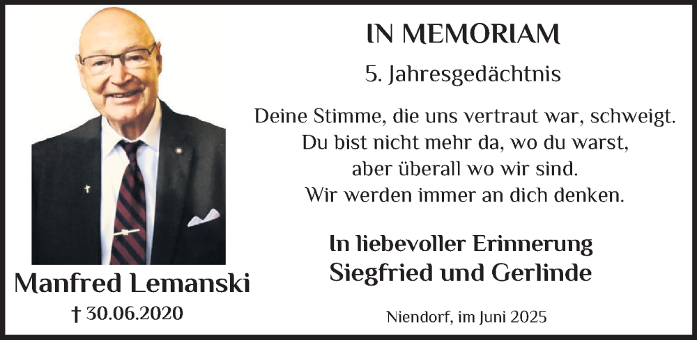  Traueranzeige für Manfred Lemanski vom 28.06.2025 aus 