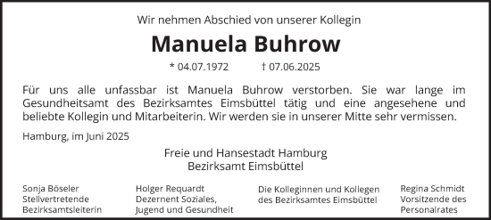 Traueranzeige von Manuela Buhrow von Hamburger Abendblatt
