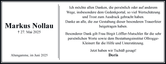 Traueranzeige von Markus Nollau von Bergedorfer Zeitung