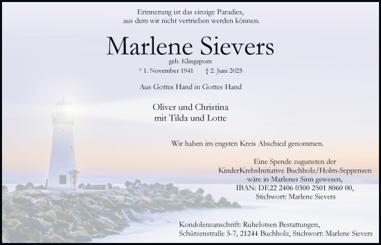Traueranzeige von Marlene Sievers 