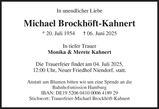 Traueranzeige von Michael Brockhöft-Kahnert von Hamburger Abendblatt
