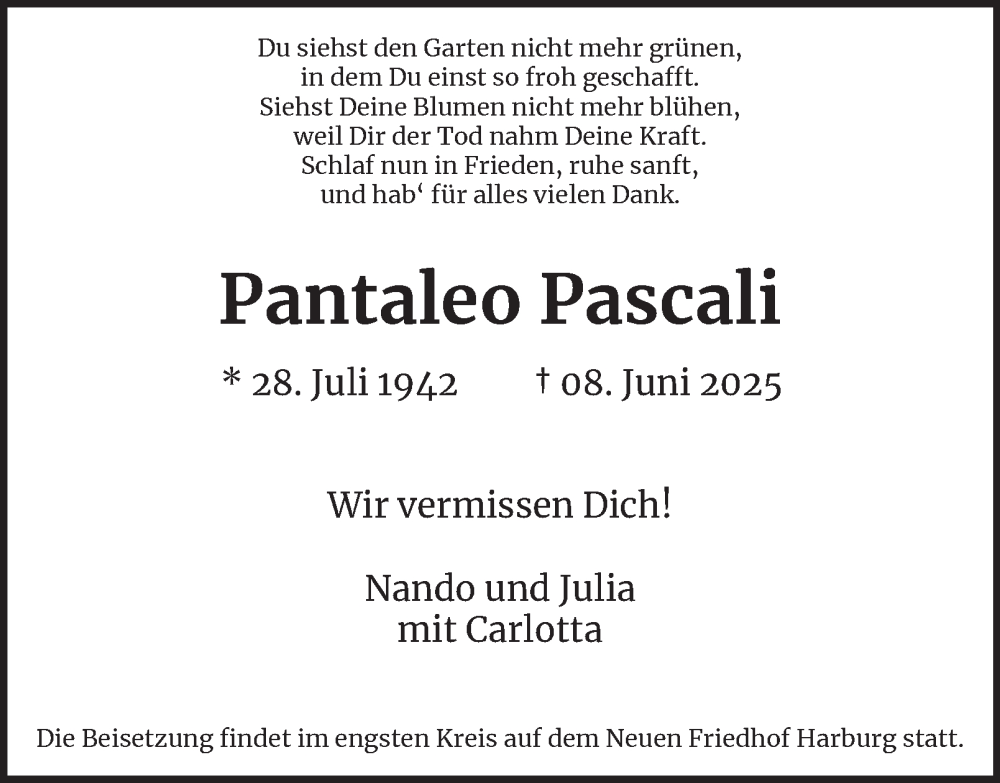  Traueranzeige für Pantaleo Pascali vom 21.06.2025 aus 