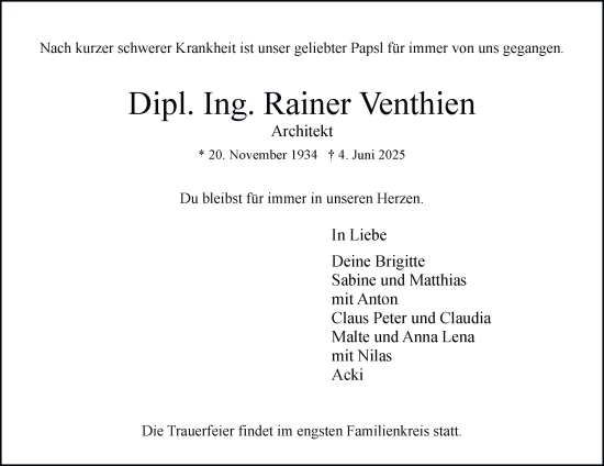 Traueranzeige von Rainer Venthien von Hamburger Abendblatt