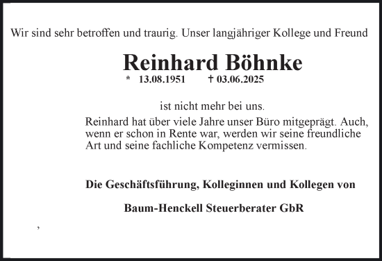 Traueranzeige von Reinhard Böhnke von Hamburger Abendblatt