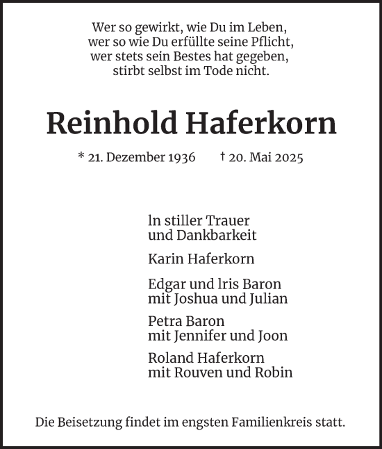 Traueranzeige von Reinhold Haferkorn von Hamburger Abendblatt
