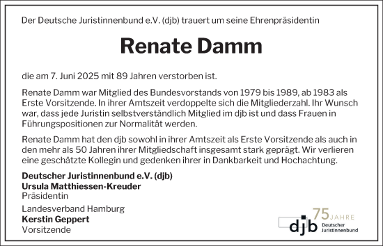 Traueranzeige von Renate Damm von Hamburger Abendblatt
