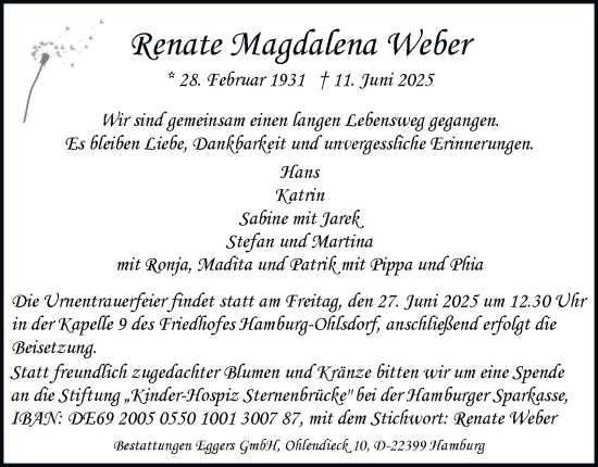 Traueranzeige von Renate Magdalena Weber von Hamburger Abendblatt