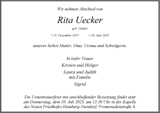 Traueranzeige von Rita Uecker von Hamburger Abendblatt
