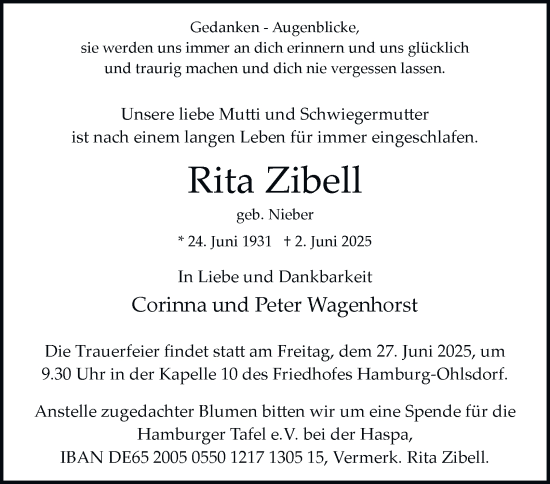Traueranzeige von Rita Zibell von Hamburger Abendblatt