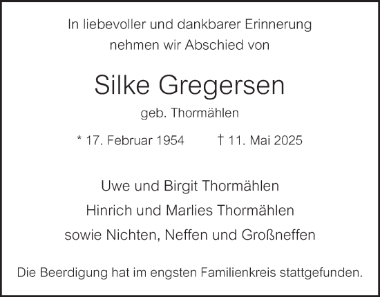 Traueranzeige von Silke Gregersen von Hamburger Abendblatt