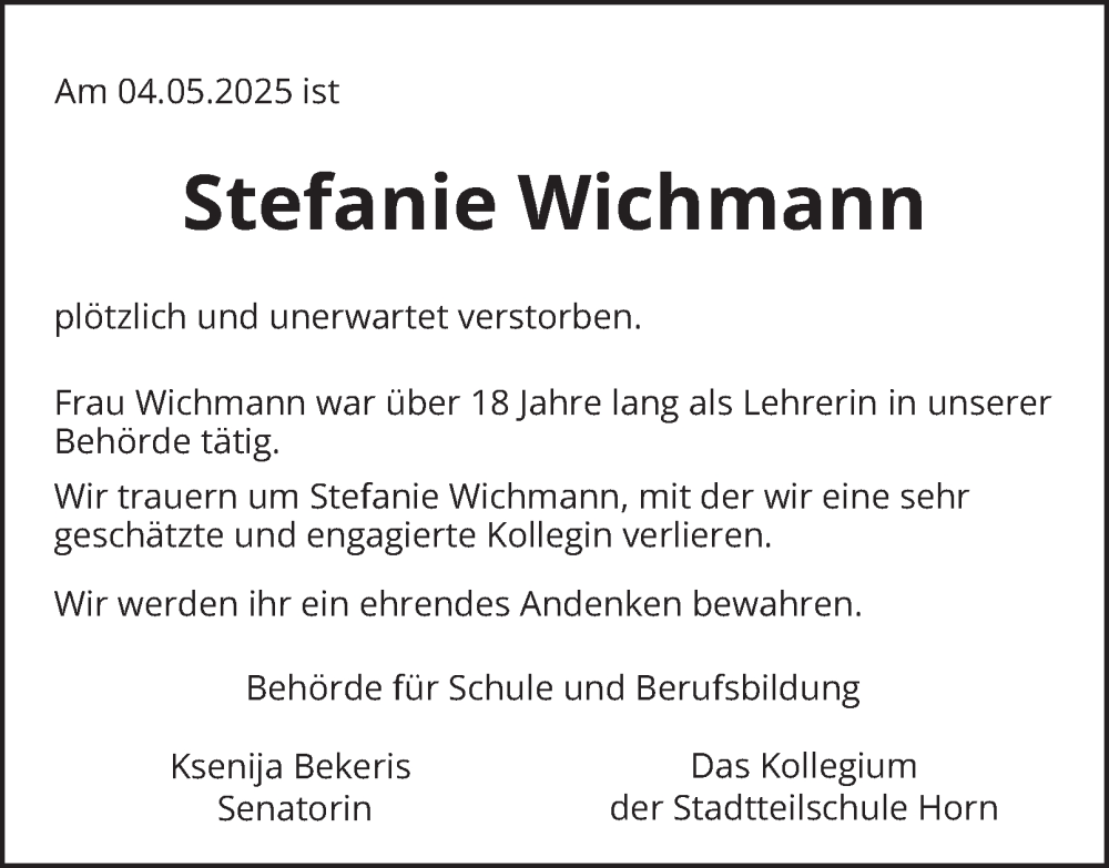  Traueranzeige für Stefanie Wichmann vom 14.06.2025 aus Hamburger Abendblatt