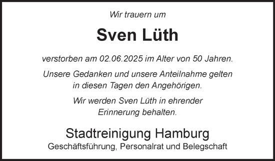 Traueranzeige von Sven Lüth von Hamburger Abendblatt