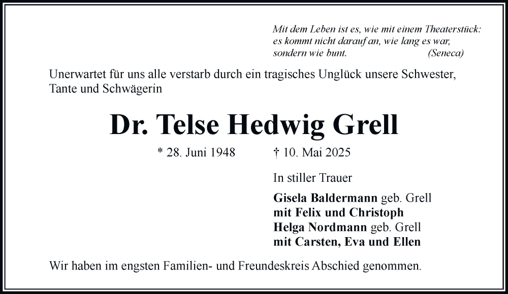 Traueranzeige für Telse Hedwig Grell vom 14.06.2025 aus Hamburger Abendblatt
