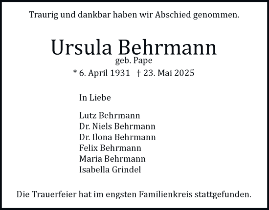 Traueranzeige von Ursula Behrmann von Hamburger Abendblatt