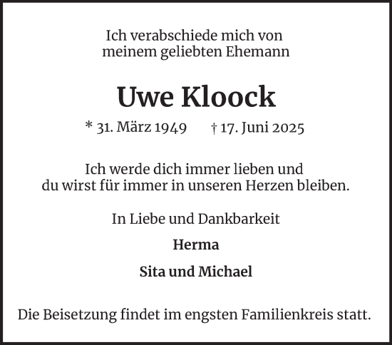 Traueranzeige von Uwe Kloock 