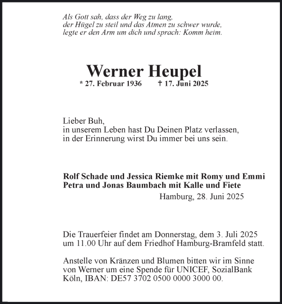 Traueranzeige von Werner Heupel von Hamburger Abendblatt