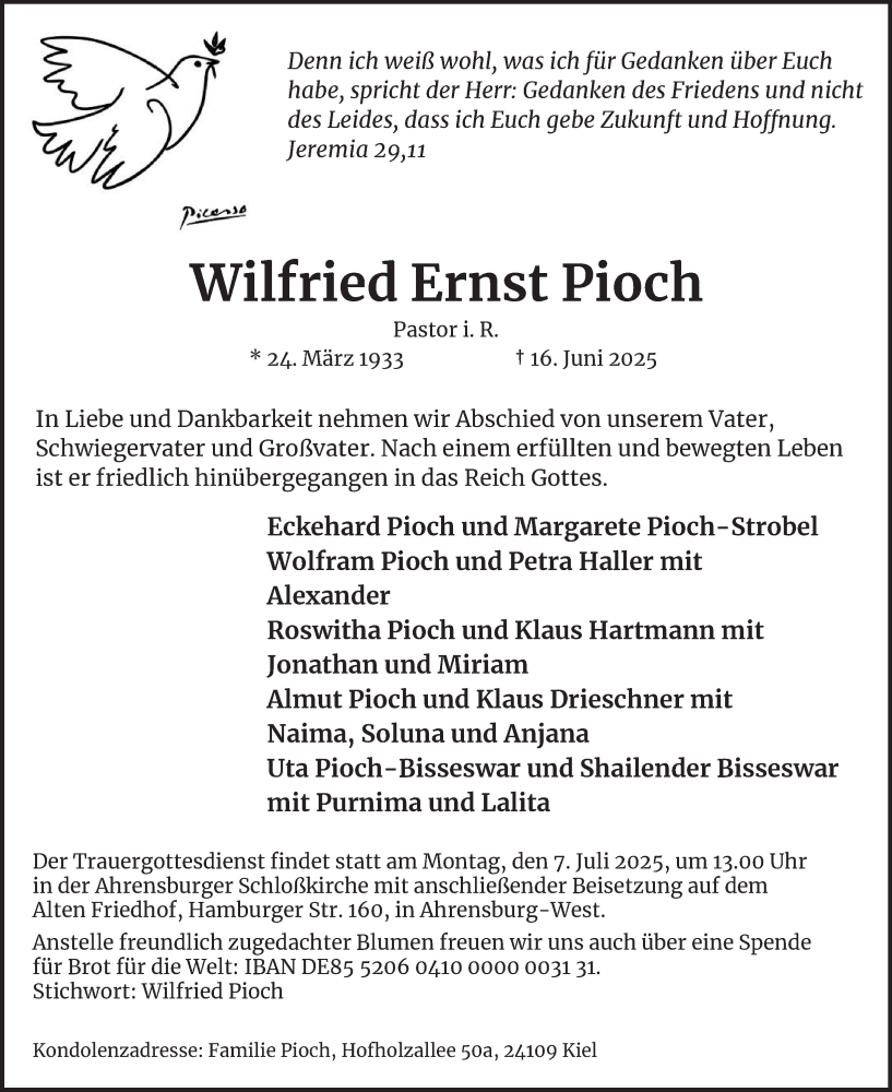  Traueranzeige für Wilfried  Pioch vom 28.06.2025 aus Hamburger Abendblatt