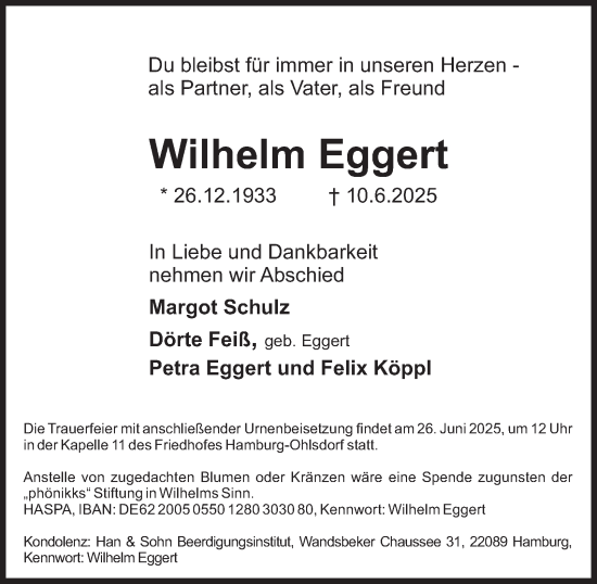 Traueranzeige von Wilhelm Eggert von Hamburger Abendblatt