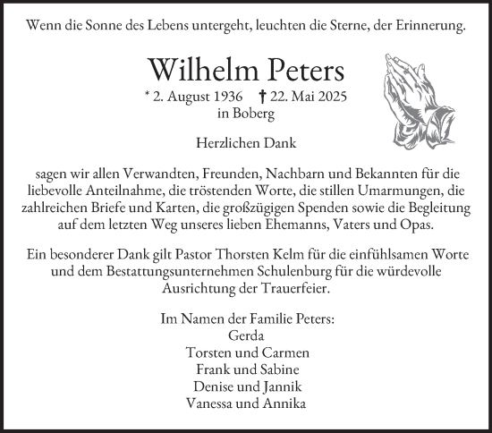 Traueranzeige von Wilhelm Peters von Bergedorfer Zeitung