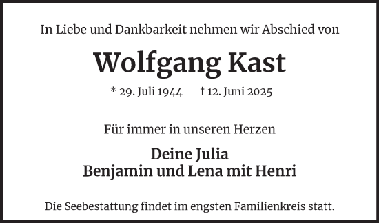 Traueranzeige von Wolfgang Kast von Hamburger Abendblatt