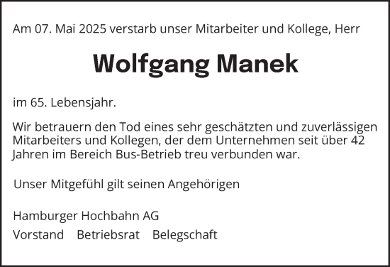 Traueranzeige von Wolfgang Manek von Hamburger Abendblatt