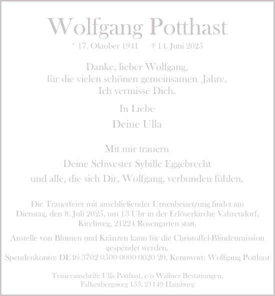 Traueranzeige von Wolfgang Potthast von Hamburger Abendblatt