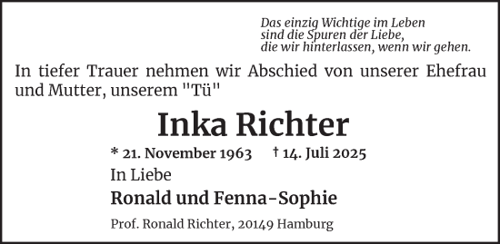 Traueranzeige von Inka Richter von Hamburger Abendblatt