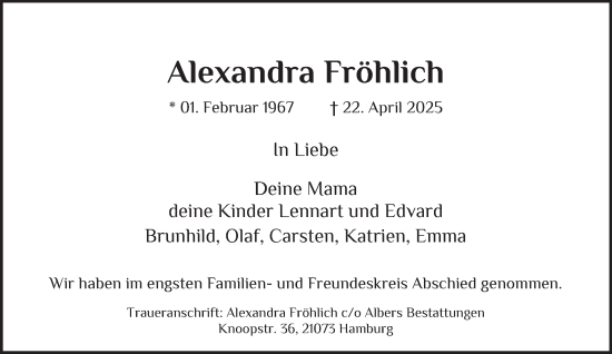 Traueranzeige von Alexandra Fröhlich von Hamburger Abendblatt