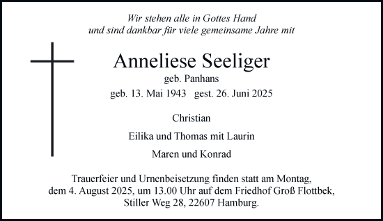 Traueranzeige von Anneliese Seeliger von Hamburger Abendblatt