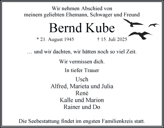Traueranzeige von Bernd Kube von Hamburger Abendblatt