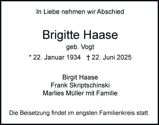 Traueranzeige von Brigitte Haase von Hamburger Abendblatt