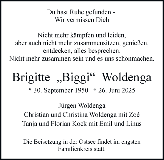 Traueranzeige von Brigitte Woldenga von Hamburger Abendblatt